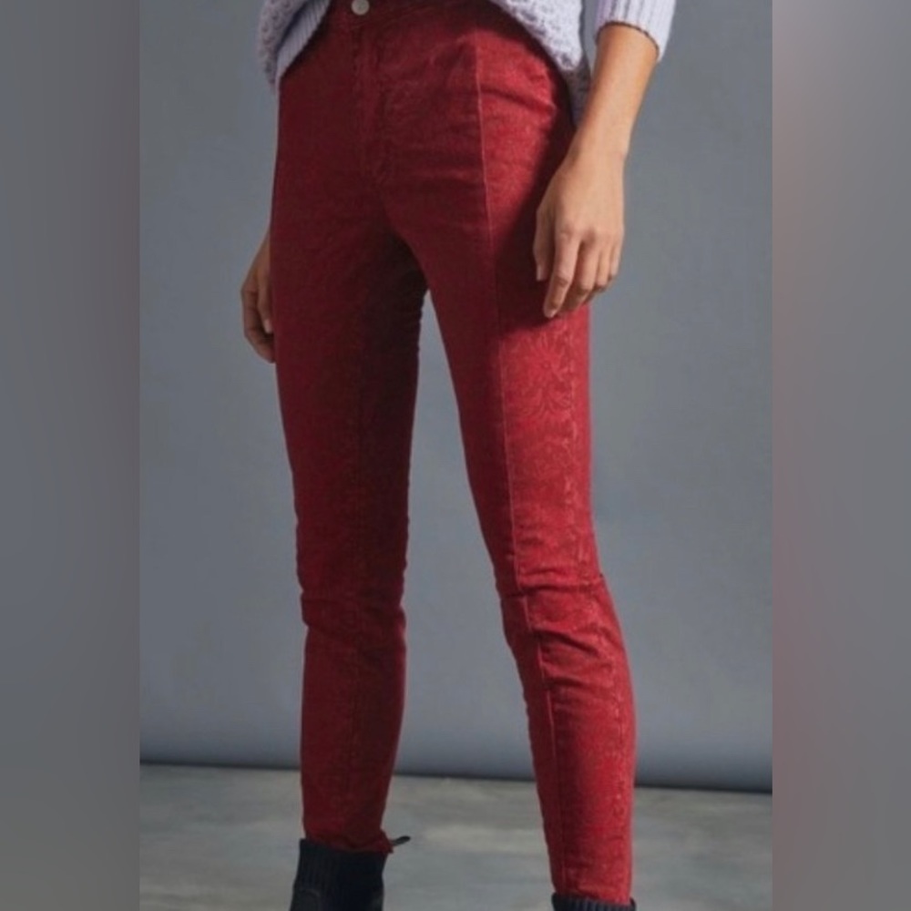 Anthropologie Pilcro high rise flocked red floral denim legging